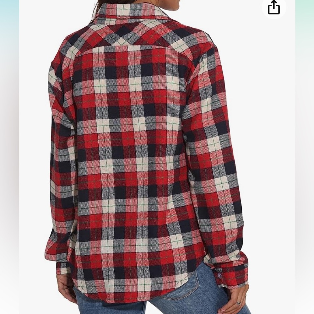 Long Sleeve Boyfriend Button Front Plaid Shirt Medium NWT Red White Blue - Picture 4 of 6